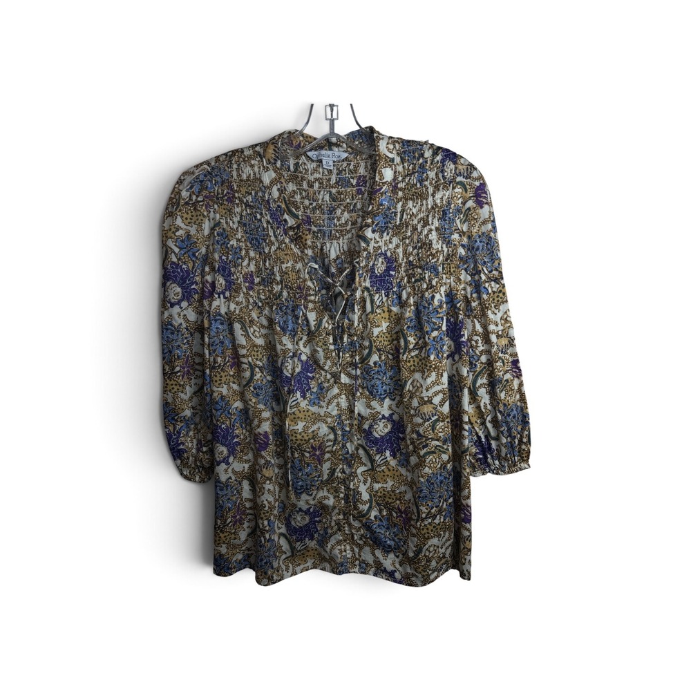 Ophelia Roe Womens 1X Cotton Smocked Paisley Lace Up Blouse Blue Gold Floral
